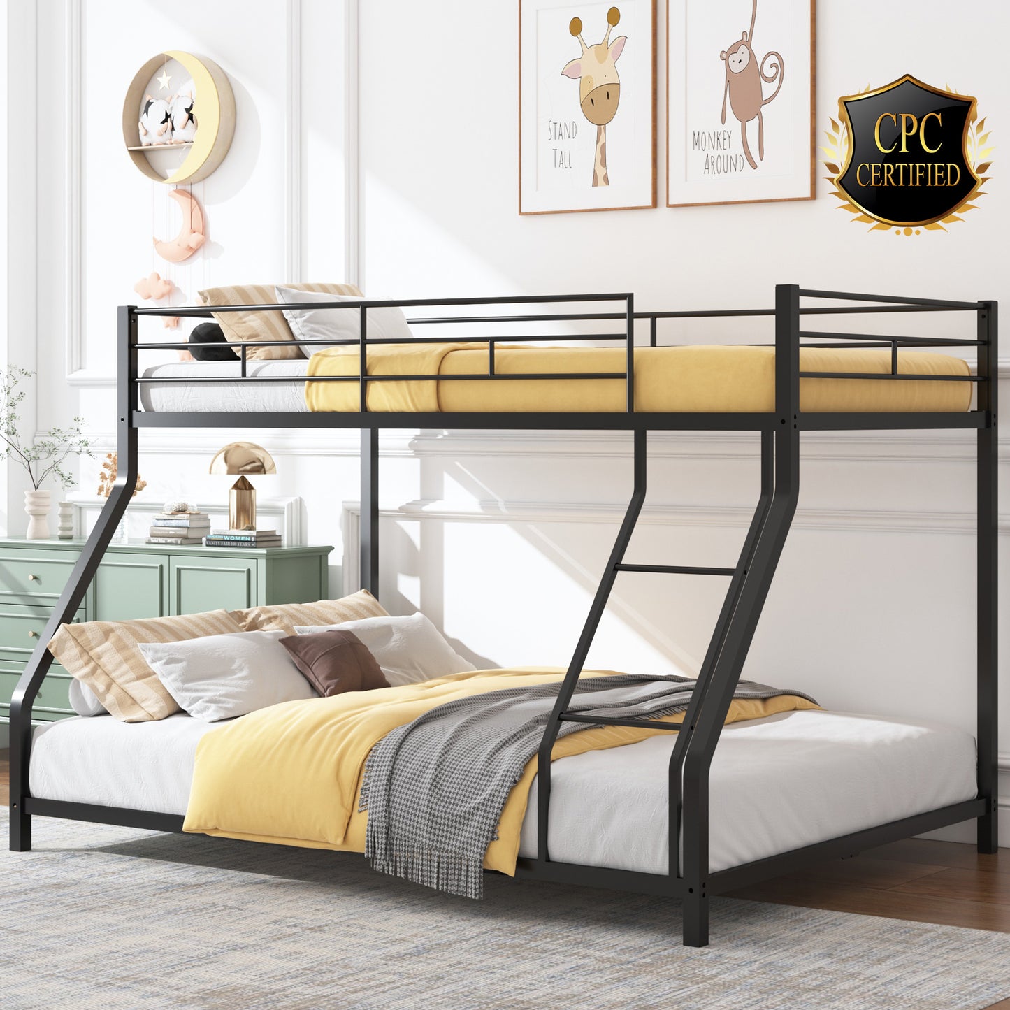 Metal Twin Over Full Bunk Bed, Heavy-duty Metal Bunk Beds For Kids Twin Over Full Size, Low Profile Metal Bunk Bed with Ladder and Full-Length Guardrail, Modern Kids Room Furniture, Black