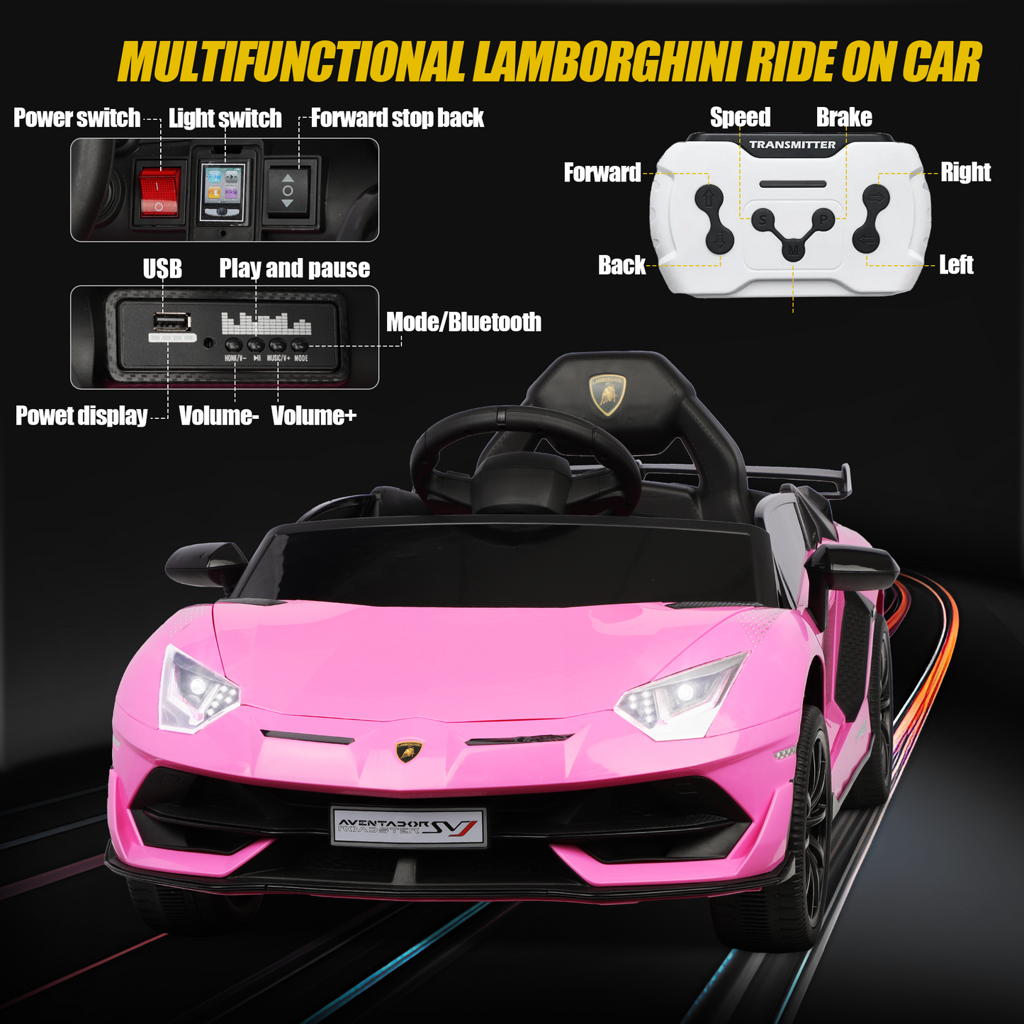 Lamborghini Xago Kids Ride On Car Toy with Remote Control Girls Boys, 12V Battery Powered Electric Vehicles w/Bluetooth and 4 Wheel Damping, Sport Car for 3-6 Years Old