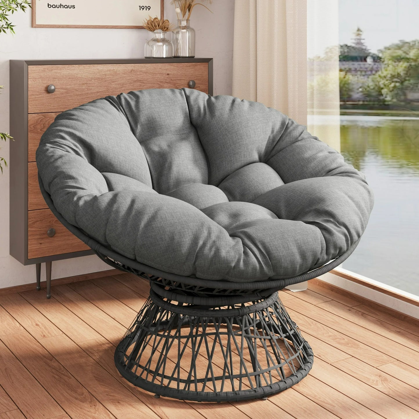 UHOMEPRO 41.5" Rattan Papasan Chair with Handwoven Wicker, Modern Ergonomic Lounge Chair with Cloud Thick Density Fabric Cushion, Comfy Single Swivel Chair for Living Room Bedroom Garden, Gray