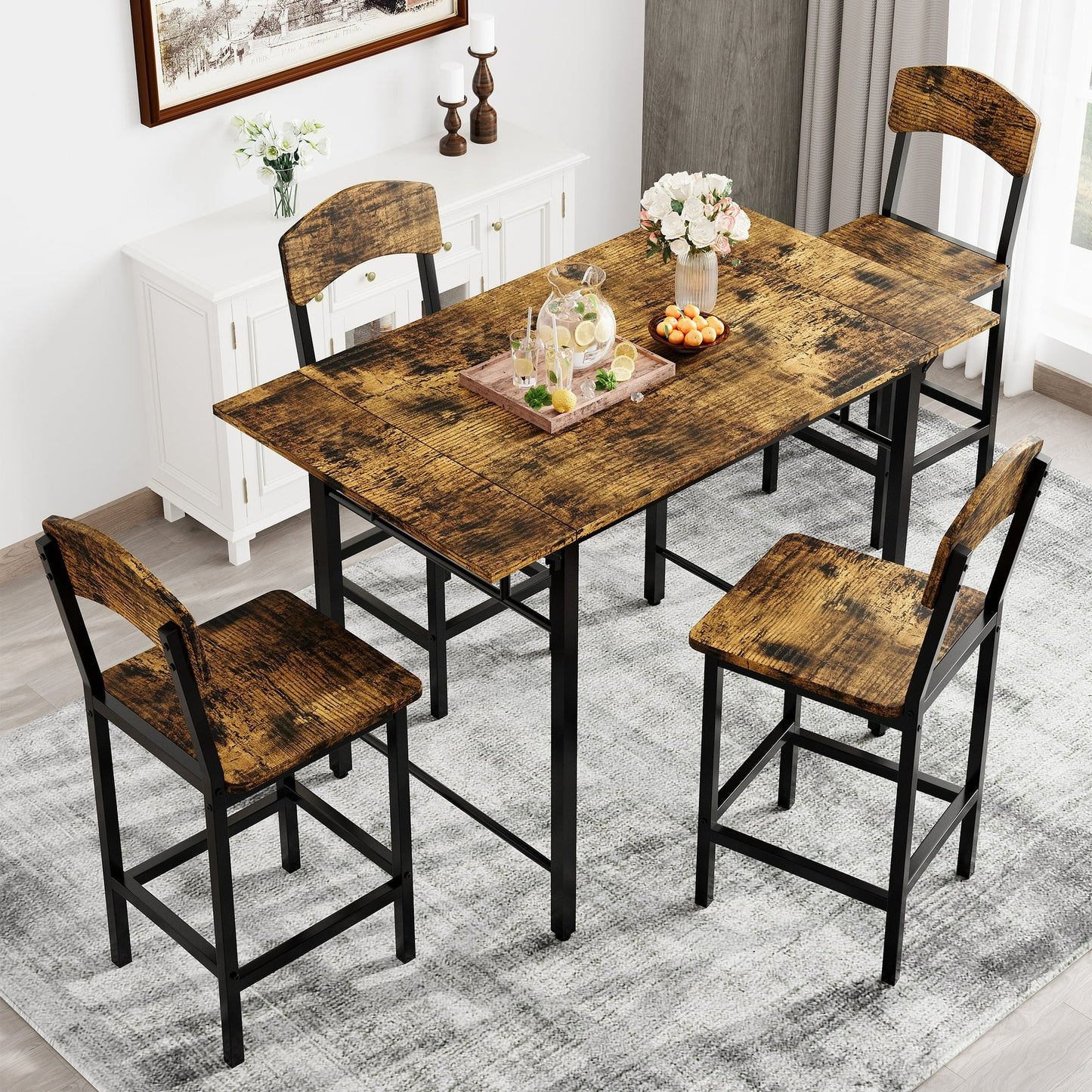UHOMEPRO 5 Piece Counter Height Dining Table Set for 4 People, Extendable Kitchen Table Set with 4 Bar Chairs, Industrial Style Dining Room Set, Sturdy Frame and Board, Brown