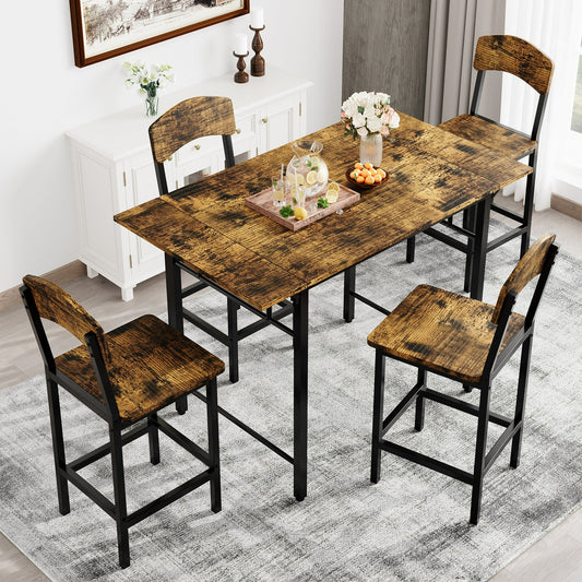 UHOMEPRO 5 Piece Counter Height Dining Table Set for 4 People, Extendable Kitchen Table Set with 4 Bar Chairs, Industrial Style Dining Room Set, Sturdy Frame and Board, Brown