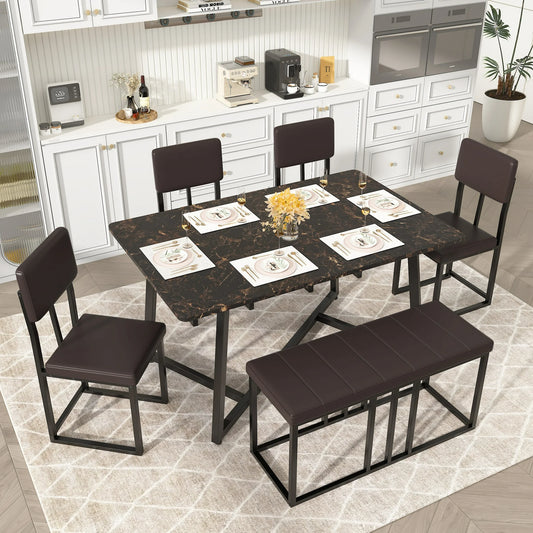 UHOMEPRO 6-Piece Dining Room Set, Faux Marble Dining Table with 4 Leatherette Chairs & Bench Set, Modern Rectangular Kitchen Table Set for Bar Living Room Small Space, Space-Saving Design, Brown