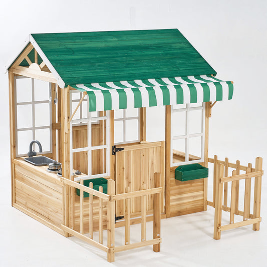 COCLUB Outdoor Wooden Playhouse for Kids Ages 4-8 – Durable Playhouse with Outdoor Kitchen, Snack-Bar & Gardening Kit, Fence (49.5"x62.3"x52.8") | Casa para Niños de Jardín