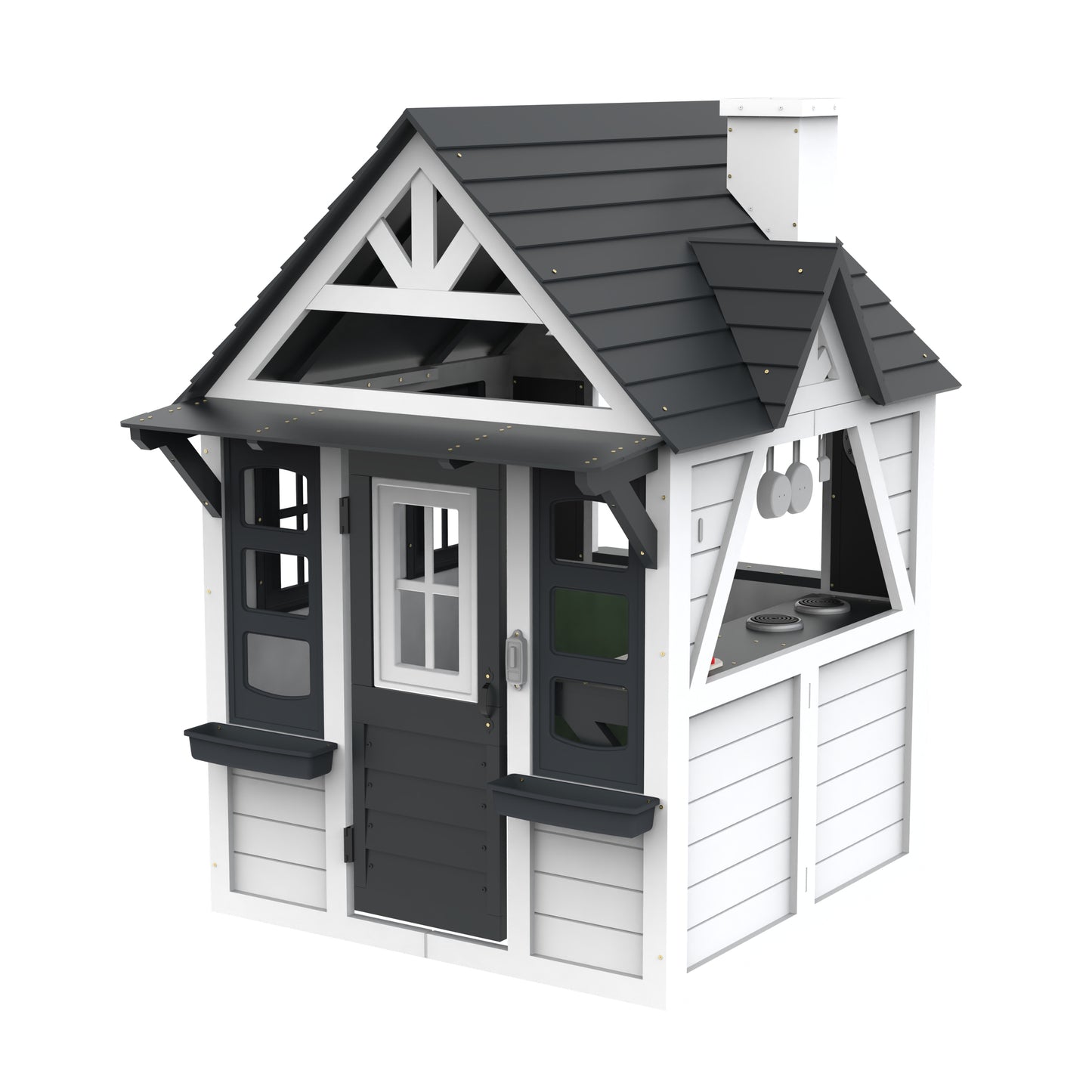 Outdoor Playhouse, Wooden Playhouses for Kids Ages 4-8 with Doorbells, Flower Pot Holders, Stove, Sink, Cookware, 45" L*43" W*65" H