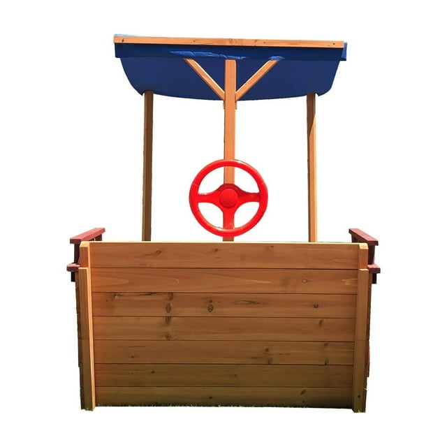 COCLUB Pirate Ship Sandbox, Kids Wooden Sandbox with Cover and Rudder, Boys and Girl Outdoor Toy with Storage Bench and Seat, Gift for Ages 3-8