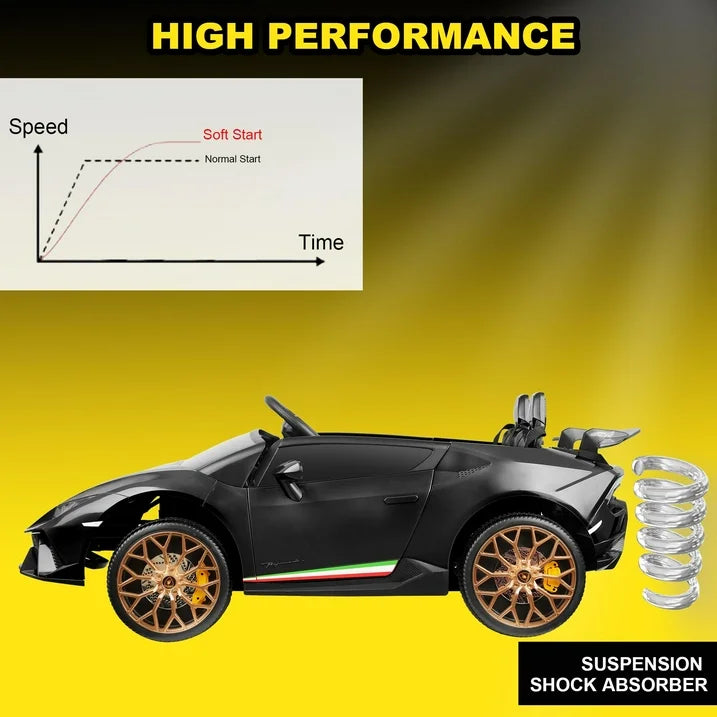 Lamborghini Huracan 24V Powered Ride on Car 2 Seat, 4WD Electric Cars for Kids with Remote Control, Suspension, LED Light, Music, Bluetooth, Children Ride on Toy for 3-8 Years Boys Girls, Black