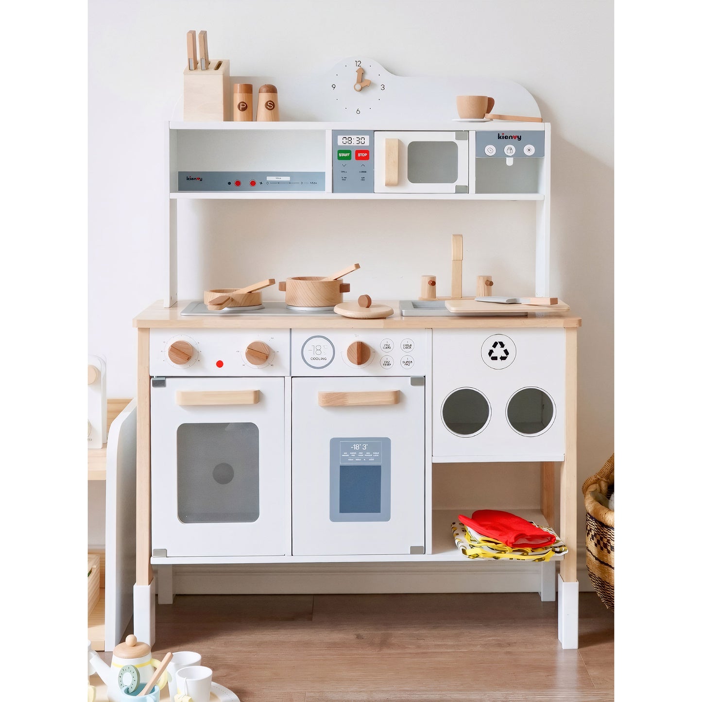 COCLUB Toddler Play Kitchen, Wooden Play Kitchen Toy Set Gift for Ages 1-3 with Apron, Utensils, Microwave, Coffee machine - White