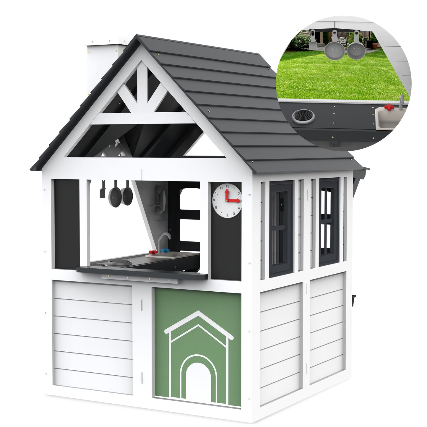 Outdoor Playhouse, Wooden Playhouses for Kids Ages 4-8 with Doorbells, Flower Pot Holders, Stove, Sink, Cookware, 45" L*43" W*65" H