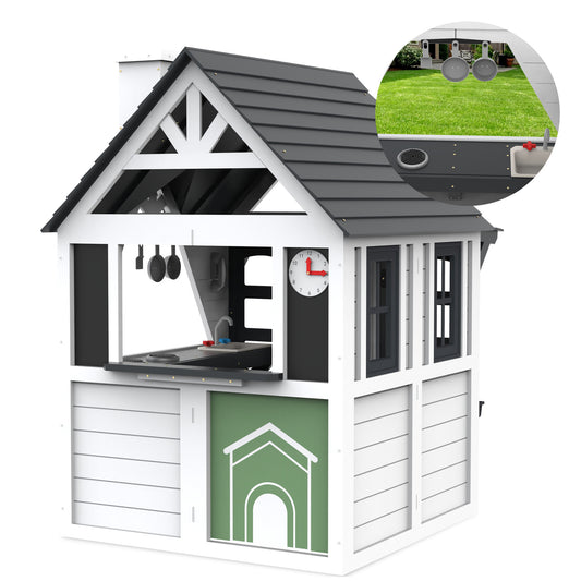 Outdoor Playhouse, Wooden Playhouses for Kids Ages 4-8 with Doorbells, Flower Pot Holders, Stove, Sink, Cookware, 45" L*43" W*65" H