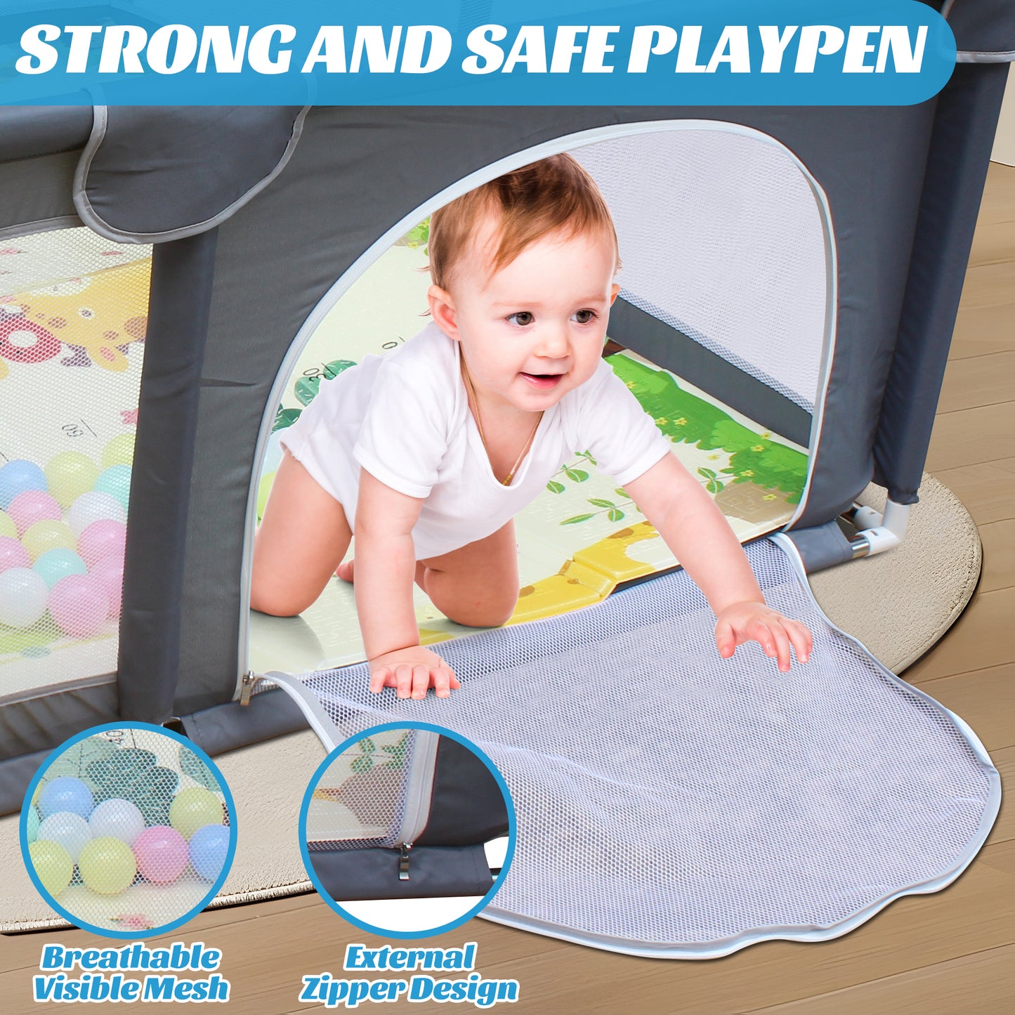 UHOMEPRO Large Baby Playpen Playard with Mat for Toddlers Infant, Safety Baby Fence Yard with Basketball Hoop for Boys Girls, Soft Mesh Walls, 47"×47"/ 71"×59"