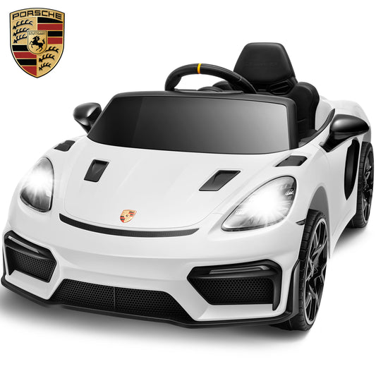 COCLUB Kids Cars to Drive 12V Licensed Porsche 718 Electric Car for Kids with LED Headlights & Tail Light, Remote Control, Music, 4 Wheel Suspension, 3 Speed Ride on Car white