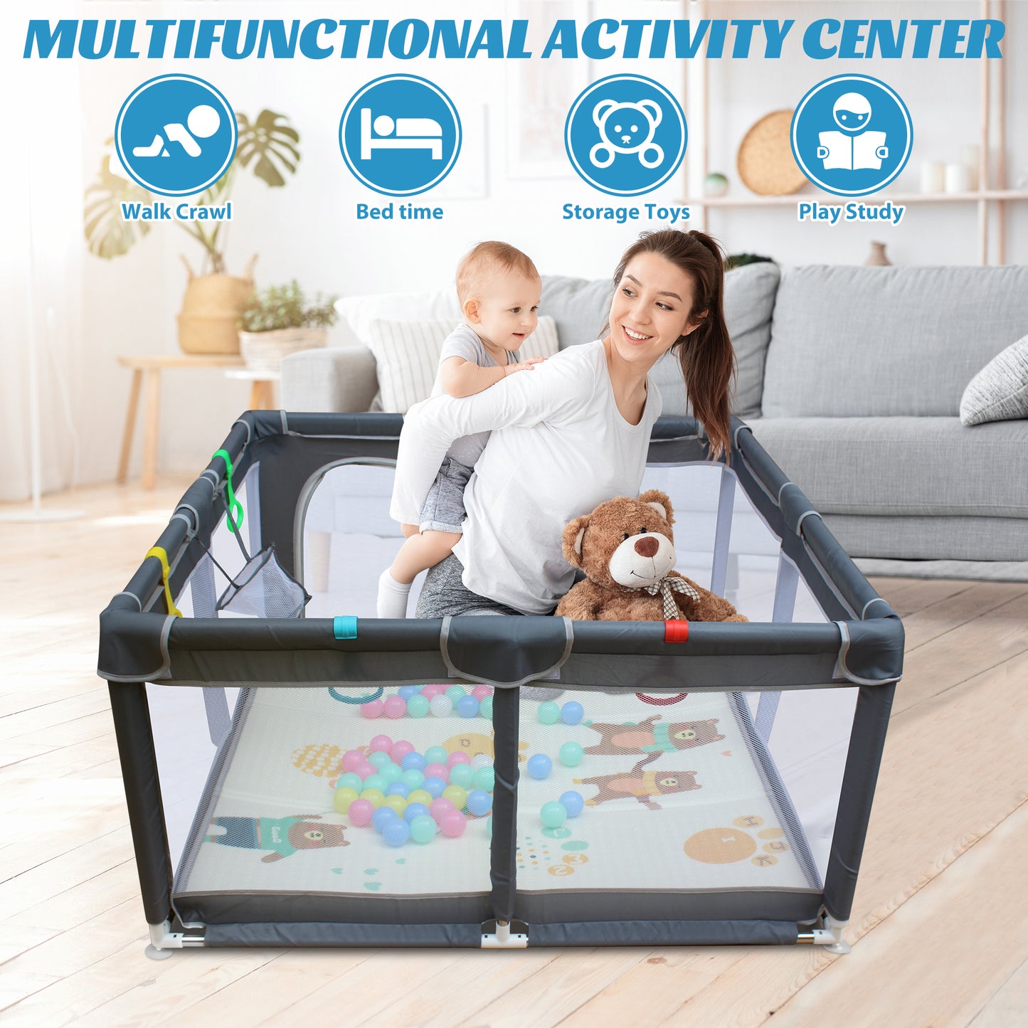 UHOMEPRO Large Baby Playpen Playard with Mat for Toddlers Infant, Safety Baby Fence Yard with Basketball Hoop for Boys Girls, Soft Mesh Walls, 47"×47"/ 71"×59"