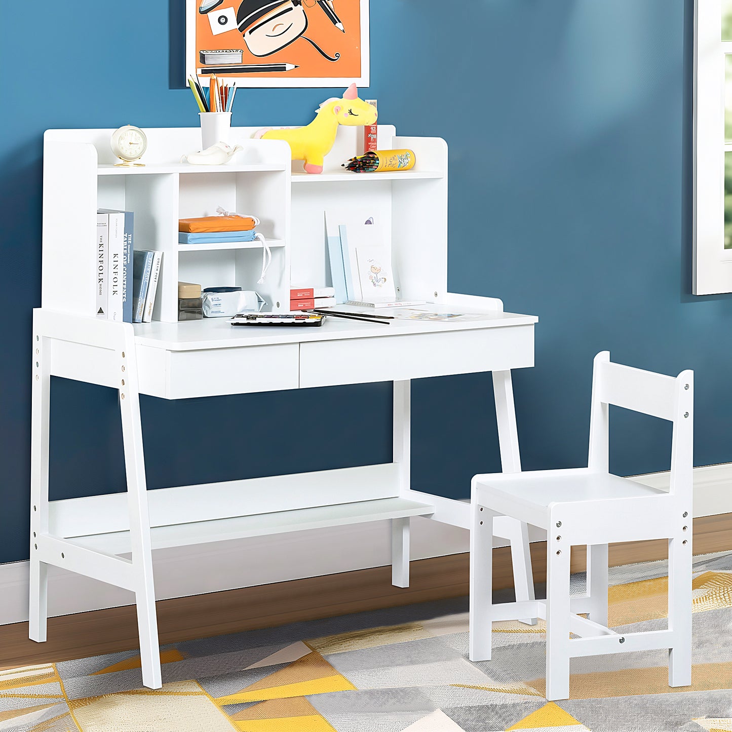 uhomepro Kids Desk and Chair Set, Wooden Study Desk with Storage Girls Boys, Student Desk with Drawers and Shelves for 6-14 Years Old Home School Use, Kids' Furniture