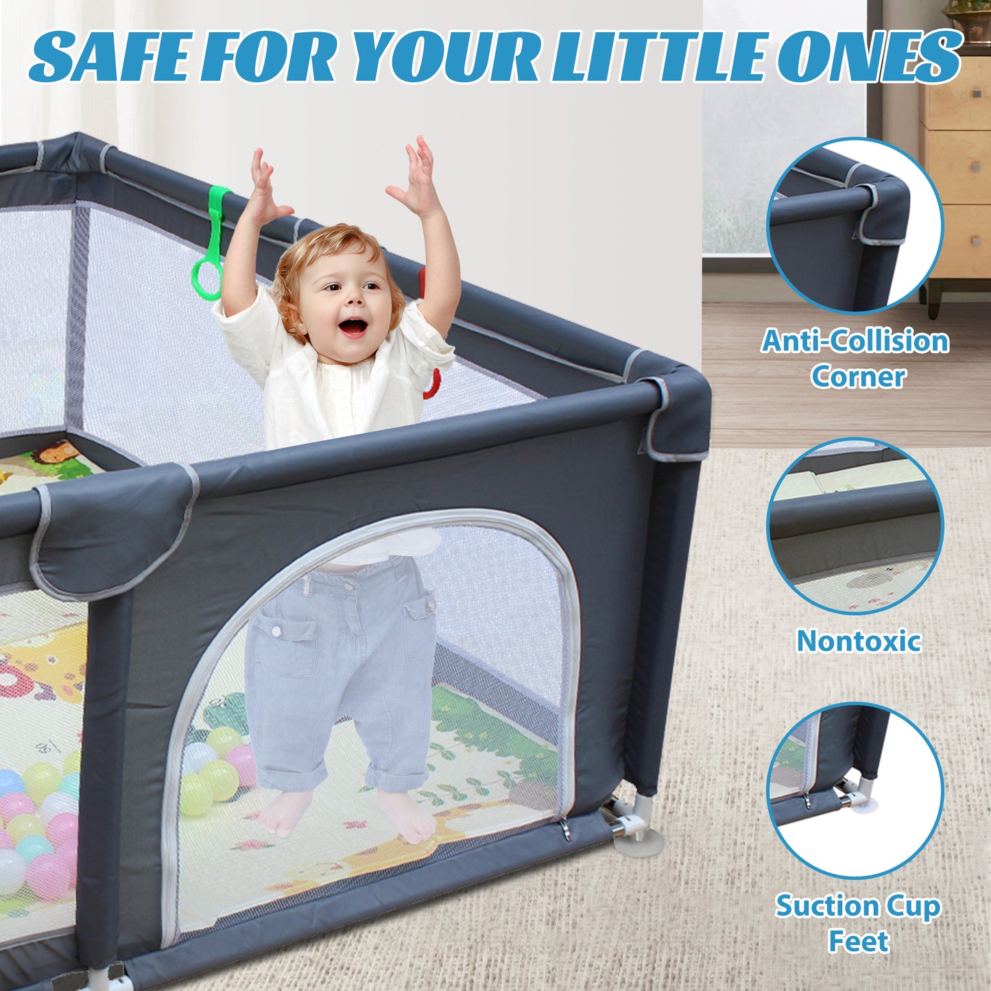 UHOMEPRO Large Baby Playpen Playard with Mat for Toddlers Infant, Safety Baby Fence Yard with Basketball Hoop for Boys Girls, Soft Mesh Walls, 47"×47"/ 71"×59"