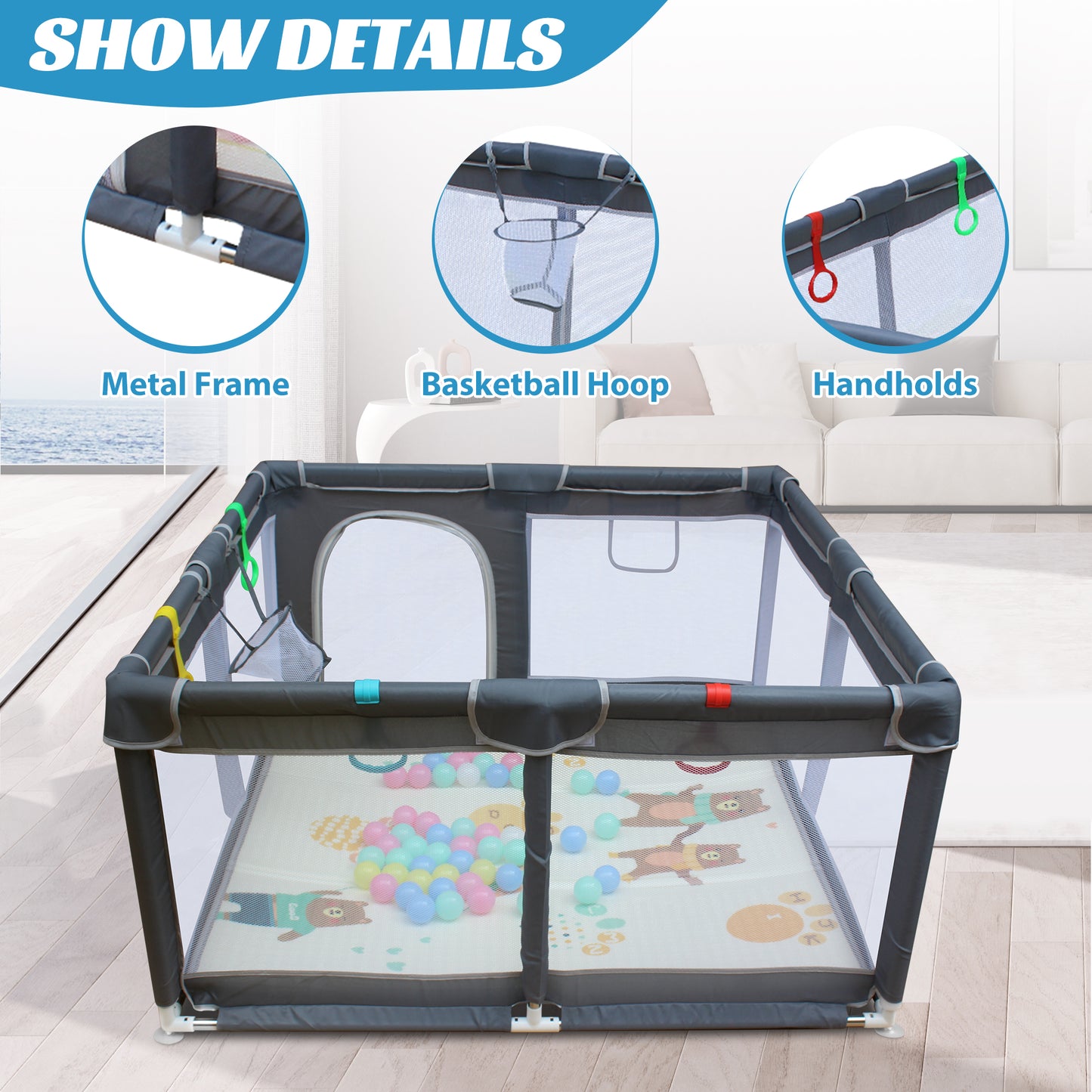 UHOMEPRO Large Baby Playpen Playard with Mat for Toddlers Infant, Safety Baby Fence Yard with Basketball Hoop for Boys Girls, Soft Mesh Walls, 47"×47"/ 71"×59"