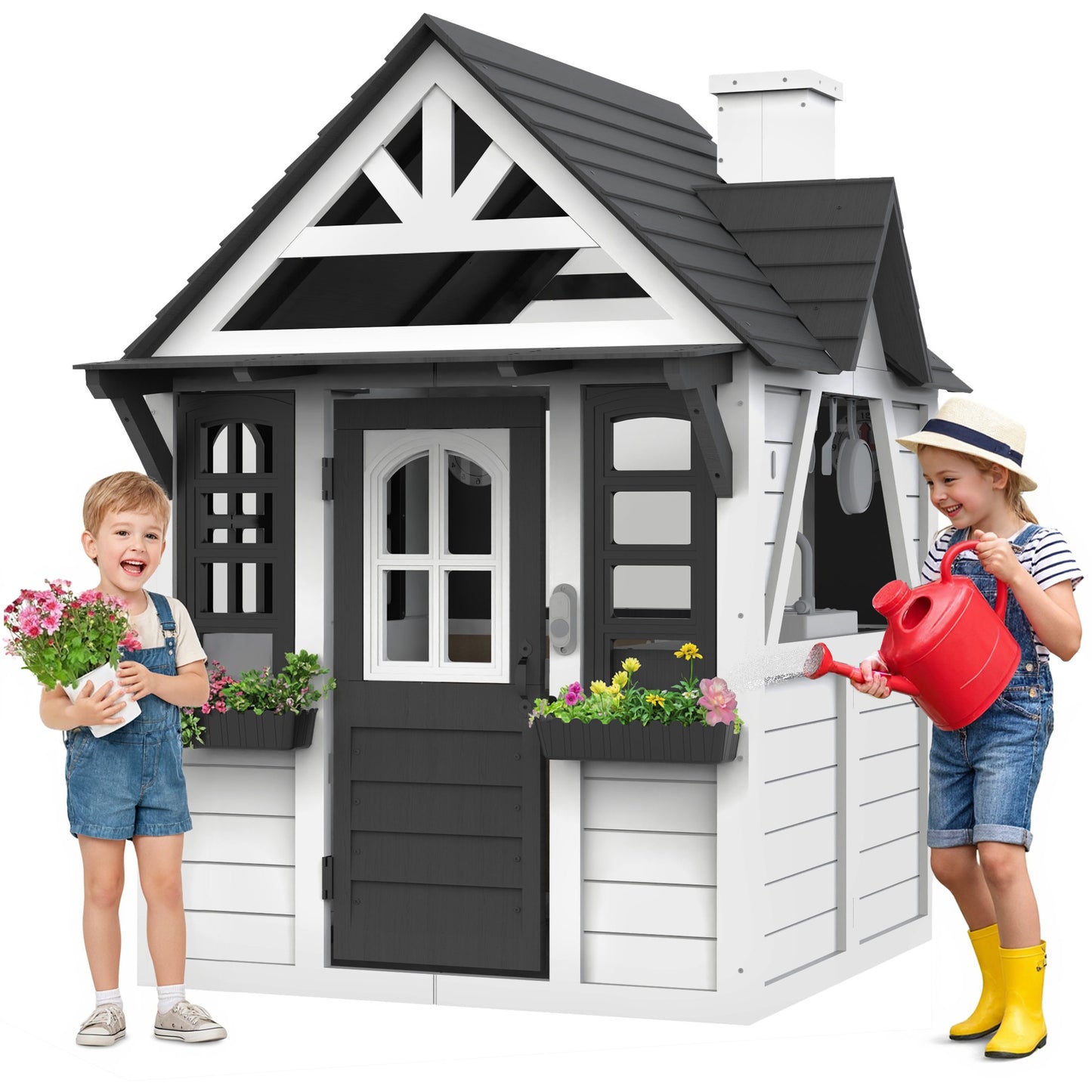 COCLUB Outdoor Playhouse for Kids Ages 4-8, Wooden Play House with Doorbell & Kitchen Toys, Outdoor Kids Play Equipment, Casa para Niñas (45”L x 65”H)