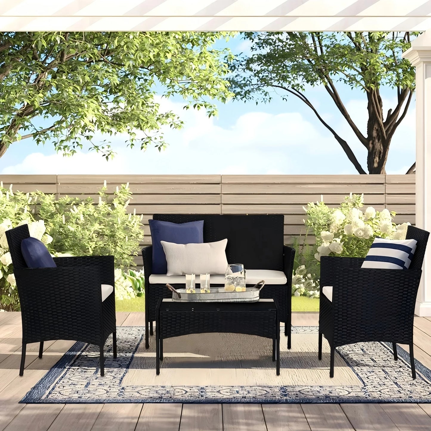 UHOMEPRO 4-Piece Patio Furniture Sets in Patio & Garden, Outdoor Wicker Sofa PE Rattan Chair Garden Conversation for Backyard with Two Single Sofa, One Loveseat, Tempered Glass Table