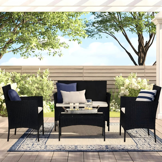 UHOMEPRO 4-Piece Patio Furniture Sets in Patio & Garden, Outdoor Wicker Sofa PE Rattan Chair Garden Conversation for Backyard with Two Single Sofa, One Loveseat, Tempered Glass Table