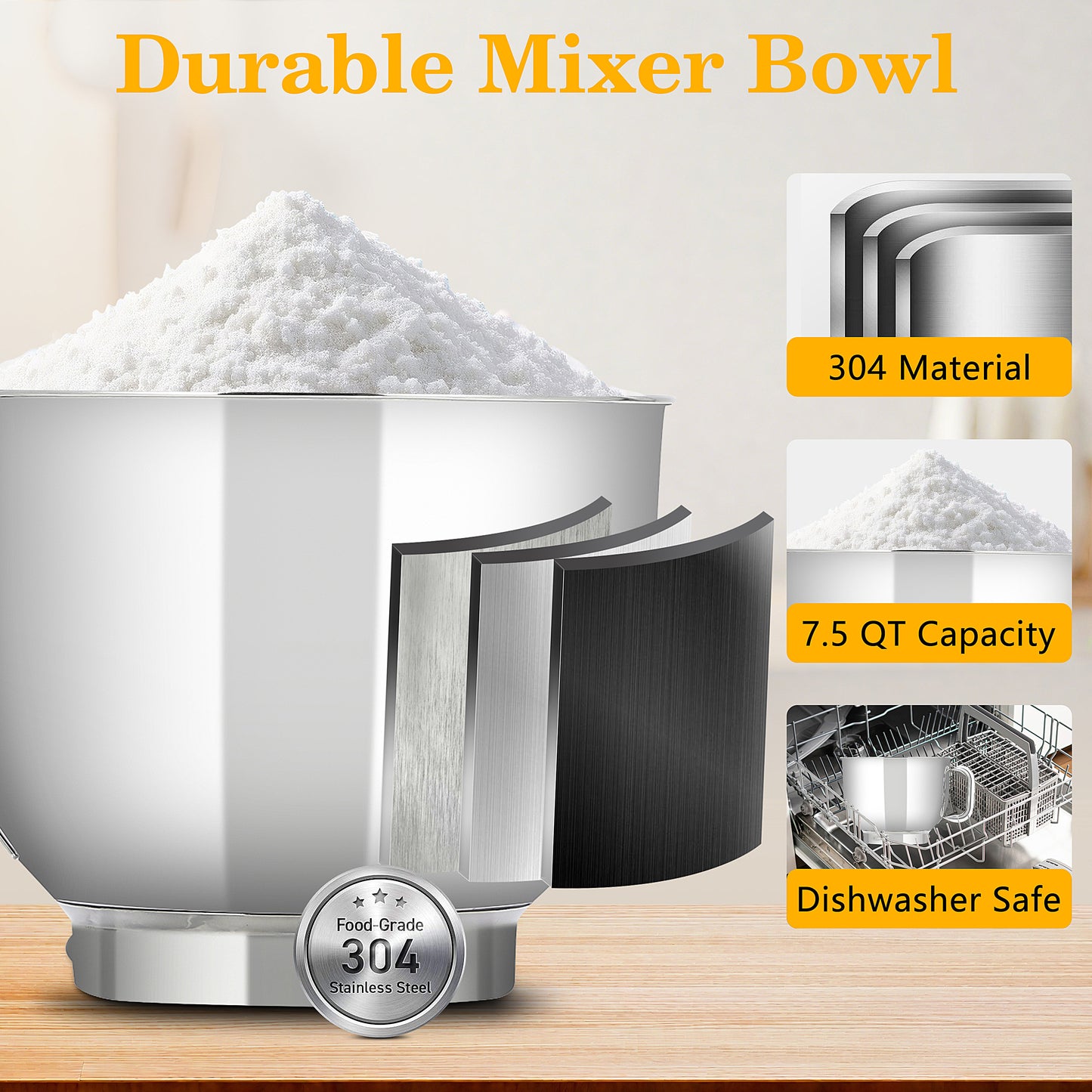 Food Stand Mixer for Kitchen, 7.4 QT Kitchen Electric Dough Mixer with Bowl, 6-Speed Electric Stand Mixer for Baking, Tilt-Head Kitchen Stand Mixer with Dough Hook, Wire Whip, Beater