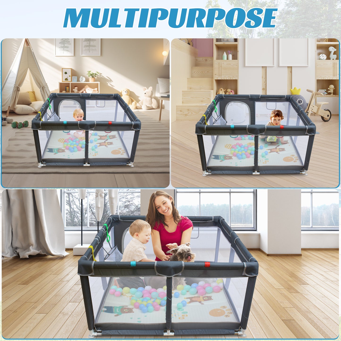 UHOMEPRO Large Baby Playpen Playard with Mat for Toddlers Infant, Safety Baby Fence Yard with Basketball Hoop for Boys Girls, Soft Mesh Walls, 47"×47"/ 71"×59"