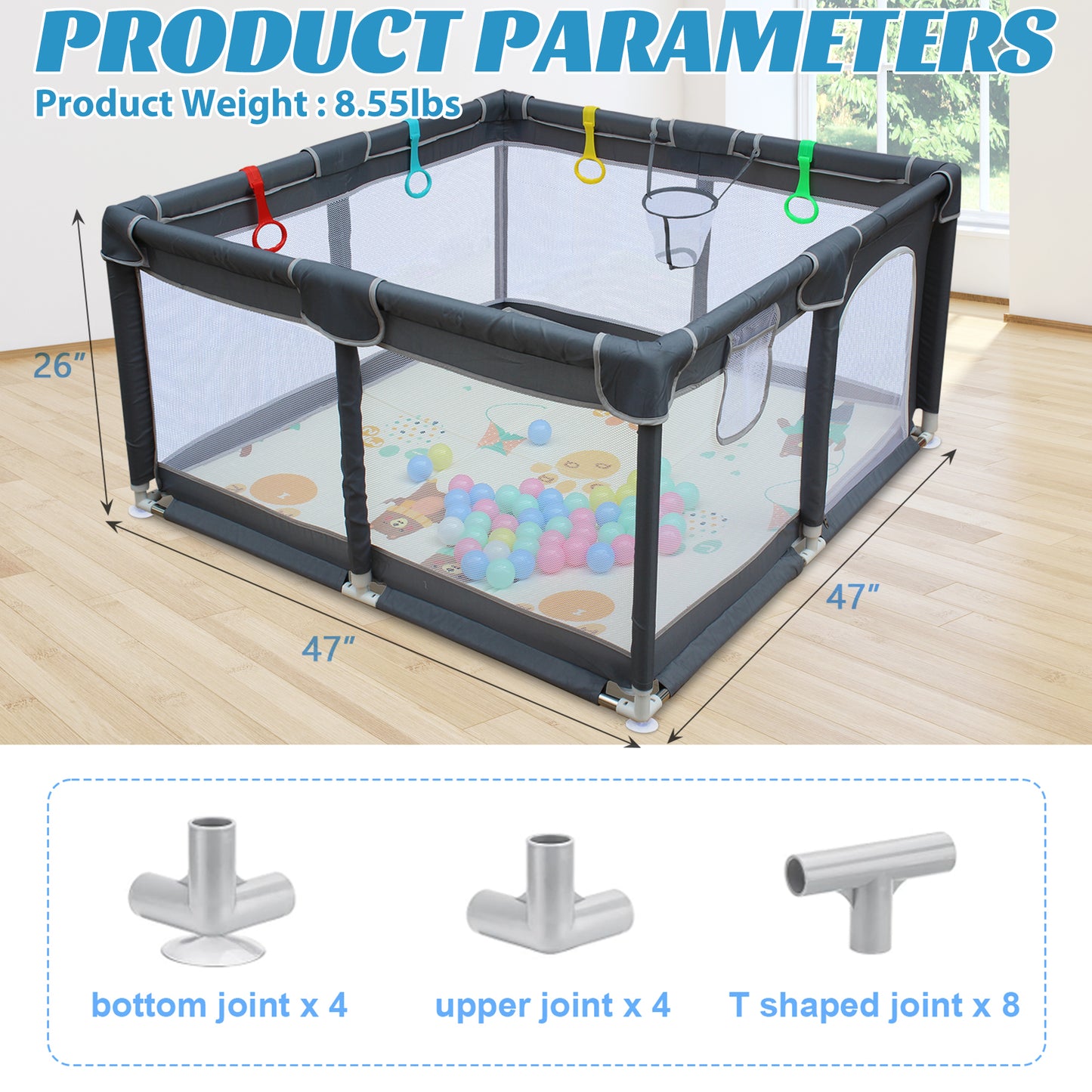 UHOMEPRO Large Baby Playpen Playard with Mat for Toddlers Infant, Safety Baby Fence Yard with Basketball Hoop for Boys Girls, Soft Mesh Walls, 47"×47"/ 71"×59"