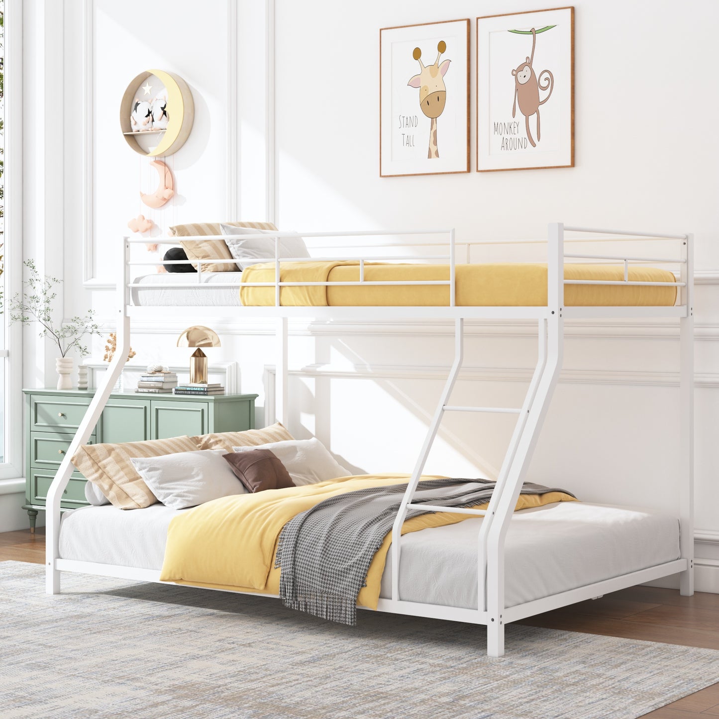 Metal Twin Over Full Bunk Bed, Heavy-duty Metal Bunk Beds For Kids Twin Over Full Size, Low Profile Metal Bunk Bed with Ladder and Full-Length Guardrail, Modern Kids Room Furniture, Black