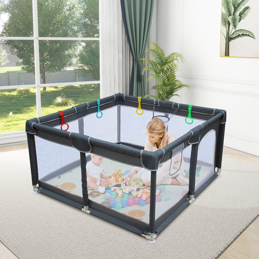 UHOMEPRO Large Baby Playpen Playard with Mat for Toddlers Infant, Safety Baby Fence Yard with Basketball Hoop for Boys Girls, Soft Mesh Walls, 47"×47"/ 71"×59"