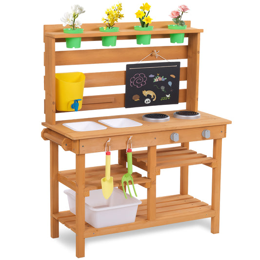 Mud Kitchen for Kids Outdoor, Wooden Toy Play Kitchen Set for Boys and Girls Ages 3-8, with Blackboard, Kitchenware, Stove, Removable Sink, Water Box & Faucet