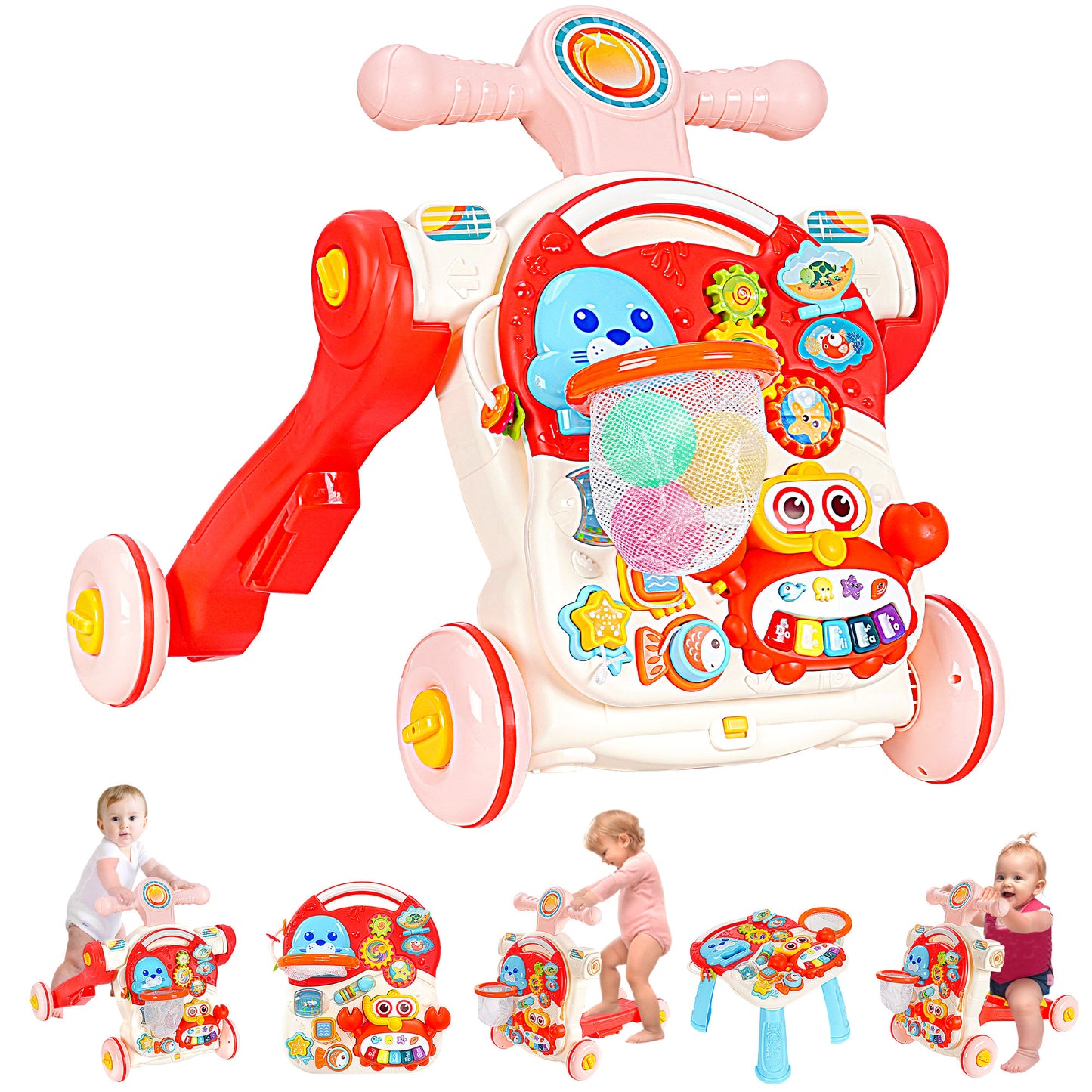 COCLUB Baby Walker Push Toy 5 in 1 Sit-to-Stand Learning Walker for Infant Boys Girls 6-12 Months, Pink