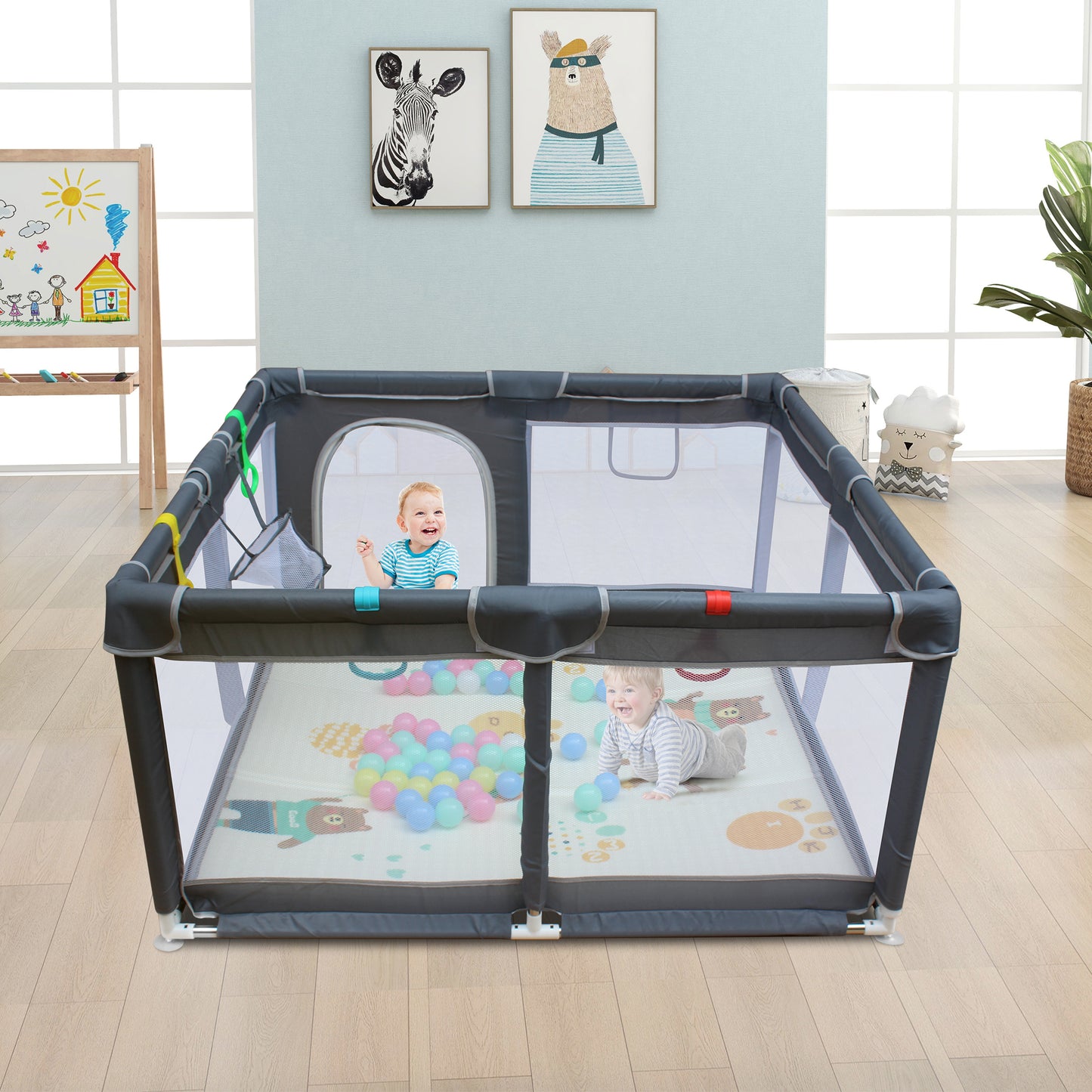 UHOMEPRO Large Baby Playpen Playard with Mat for Toddlers Infant, Safety Baby Fence Yard with Basketball Hoop for Boys Girls, Soft Mesh Walls, 47"×47"/ 71"×59"