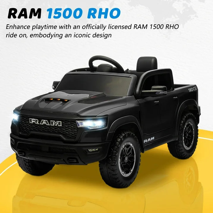 RAM 1500 Ride on Truck Cars, 12V Powered Ride on Toys with Remote Control, 4 Wheel Suspension Electric Cars for 3-5 Yrs Boy Girl W/Key Switch, 5 Point Safety Belt, Music, Bluetooth, LED Lights, Black