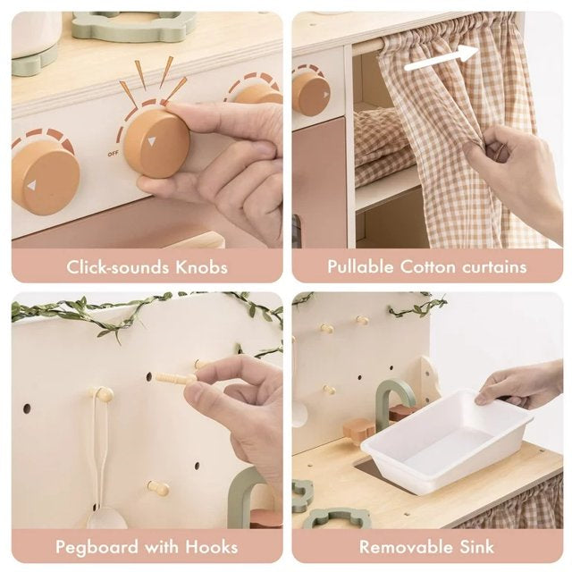 COCLUB Pretend Play Kitchen Wooden Toy Set for 3-8 Kids Gifts for Christmas and Birthday w/ Utensils, Microwave