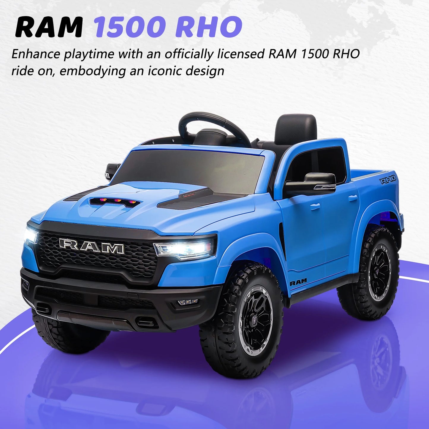 RAM 1500 Ride on Truck Cars, 12V Powered Ride on Toys with Remote Control, 4 Wheel Suspension Electric Cars for 3-5 Yrs Boy Girl W/Key Switch, Safety Belt, Music, Bluetooth, LED Lights, Blue