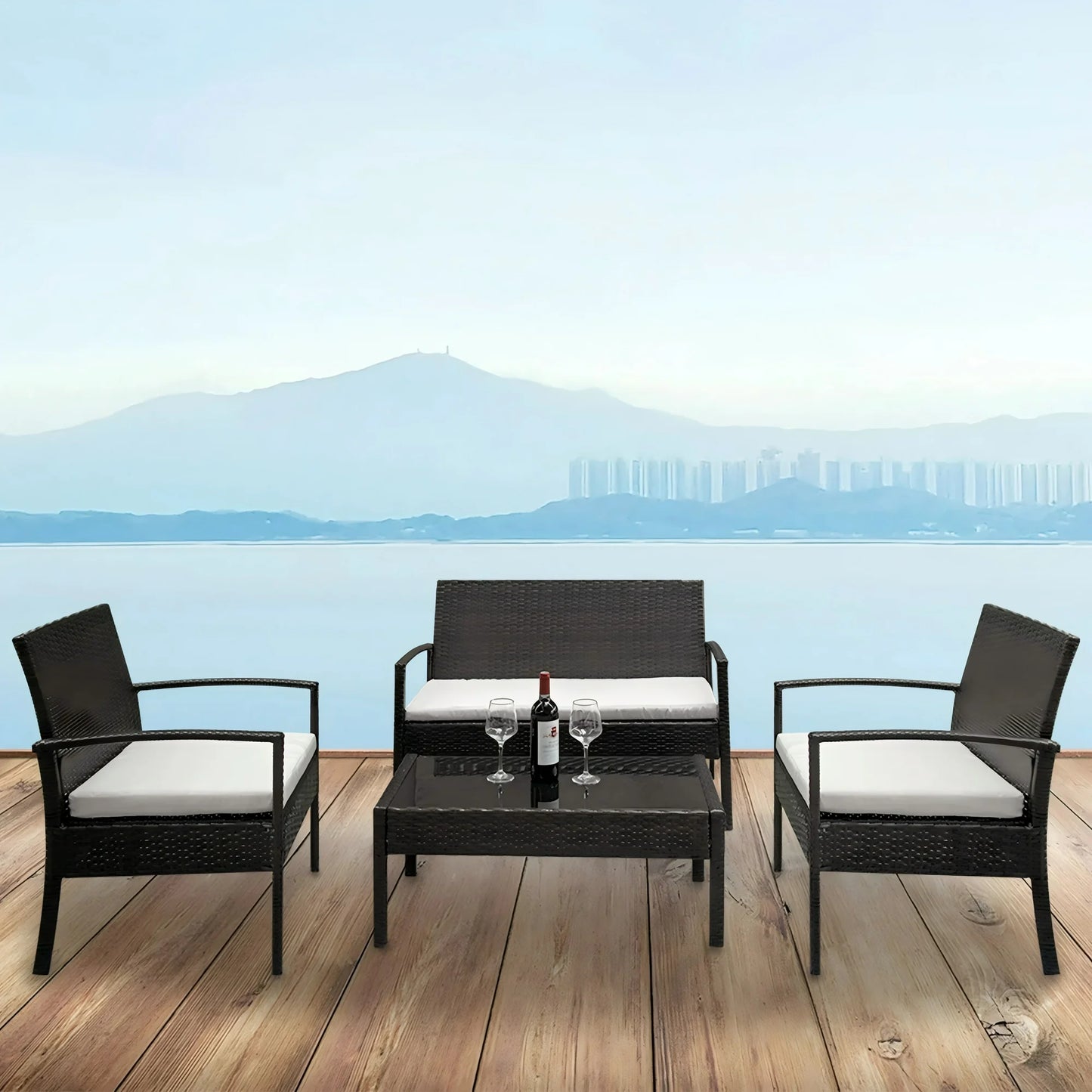 UHOMEPRO 4-Piece Patio Furniture Sets in Patio & Garden, Outdoor Wicker Sofa PE Rattan Chair Garden Conversation for Backyard with Two Single Sofa, One Loveseat, Tempered Glass Table