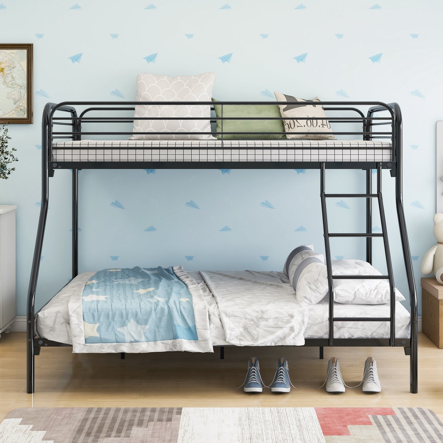 Metal Twin Over Full Bunk Bed, Heavy-duty Metal Bunk Beds For Kids Twin Over Full Size, Low Profile Metal Bunk Bed with Ladder and Full-Length Guardrail, Modern Kids Room Furniture, Black