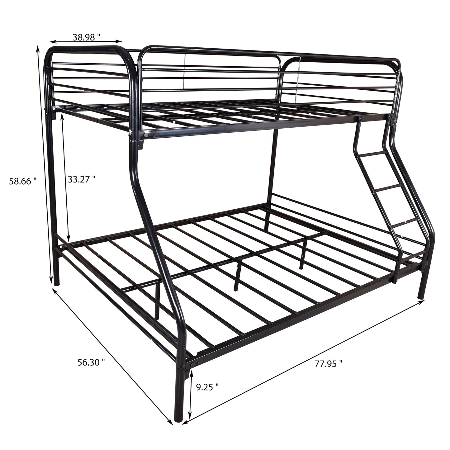 Metal Twin Over Full Bunk Bed, Heavy-duty Metal Bunk Beds For Kids Twin Over Full Size, Low Profile Metal Bunk Bed with Ladder and Full-Length Guardrail, Modern Kids Room Furniture, Black