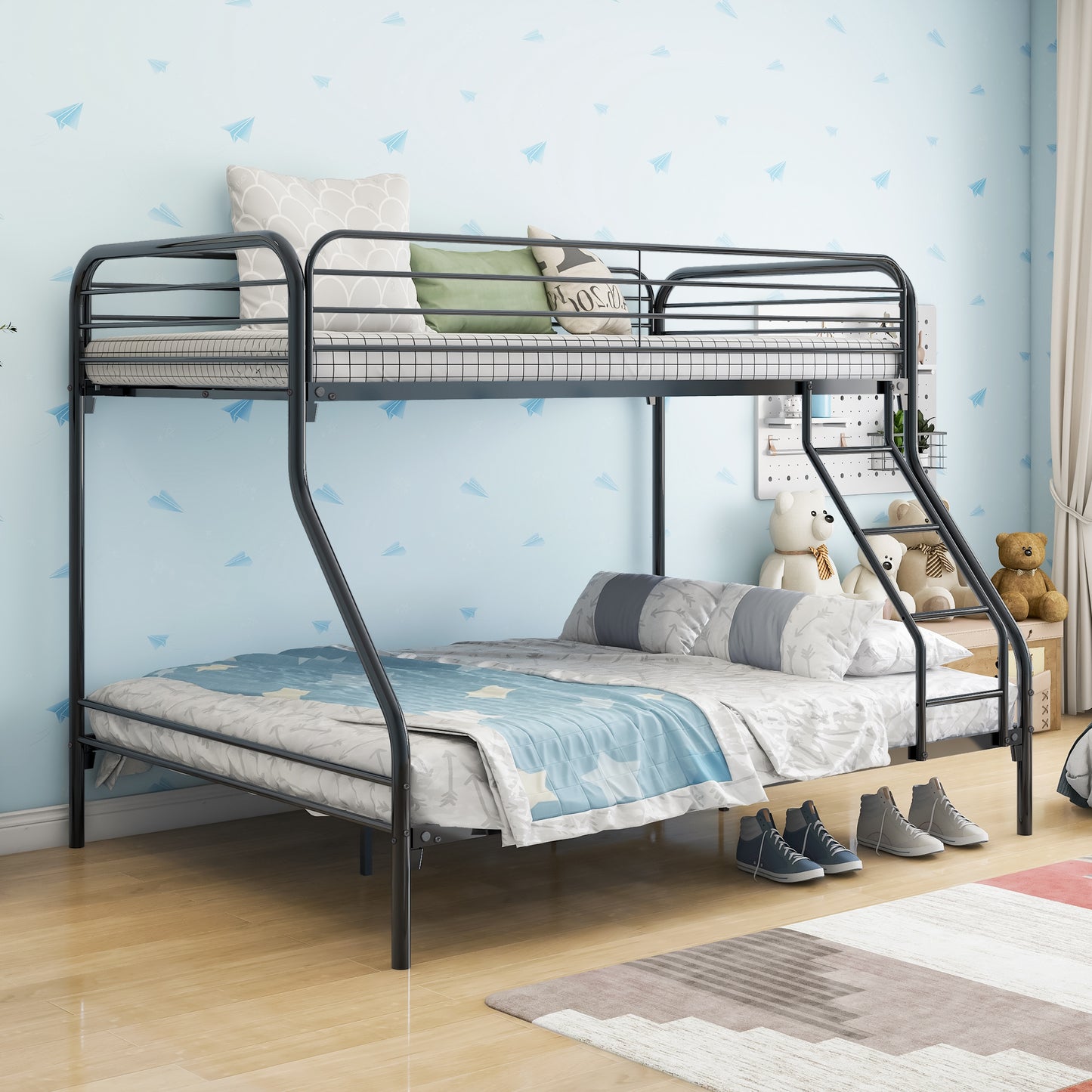 Metal Twin Over Full Bunk Bed, Heavy-duty Metal Bunk Beds For Kids Twin Over Full Size, Low Profile Metal Bunk Bed with Ladder and Full-Length Guardrail, Modern Kids Room Furniture, Black