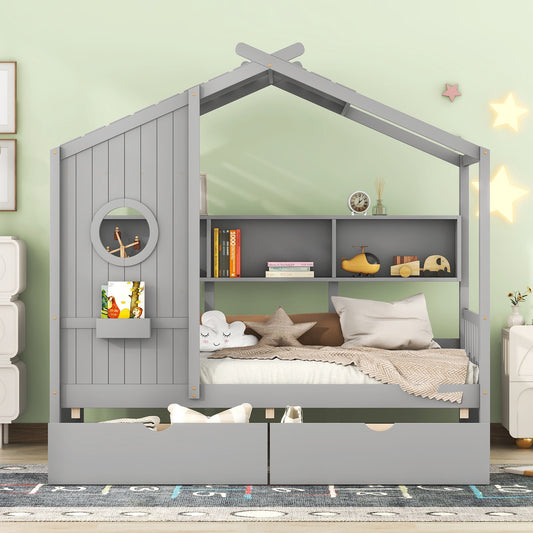 Uhomepro Wooden Twin Size House Bed with 2 Drawers, Bedframe with Storage Shelf, Gray