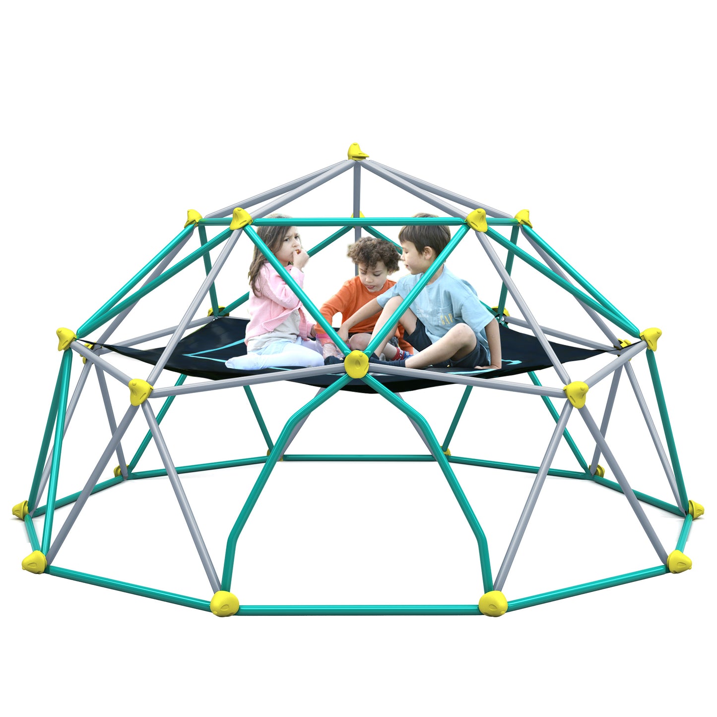 UHOMEPRO 10 FT Climbing Dome with Hammock, Outdoor Play Equipment Supporting 1000 lbs, Anti-Rust Jungle Gym, Easy Assembly Geometric Dome Climber Play Center, Blue+Yellow