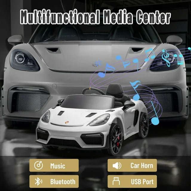 Porsche 718 Kids Ride On Toy, Electric Car for Toddlers with Remote Control, 4 Wheel Suspension, Bluetooth, Music, LED, Safety Belts, Kids Sports Ride on Car for Toddler 3-6 Yrs Boys Girls Gifts