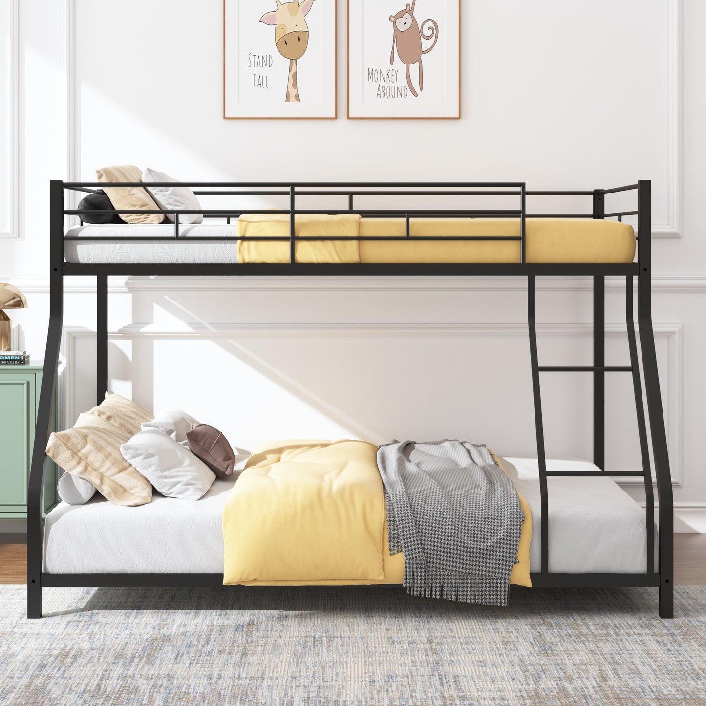 Metal Twin Over Full Bunk Bed, Heavy-duty Metal Bunk Beds For Kids Twin Over Full Size, Low Profile Metal Bunk Bed with Ladder and Full-Length Guardrail, Modern Kids Room Furniture, Black