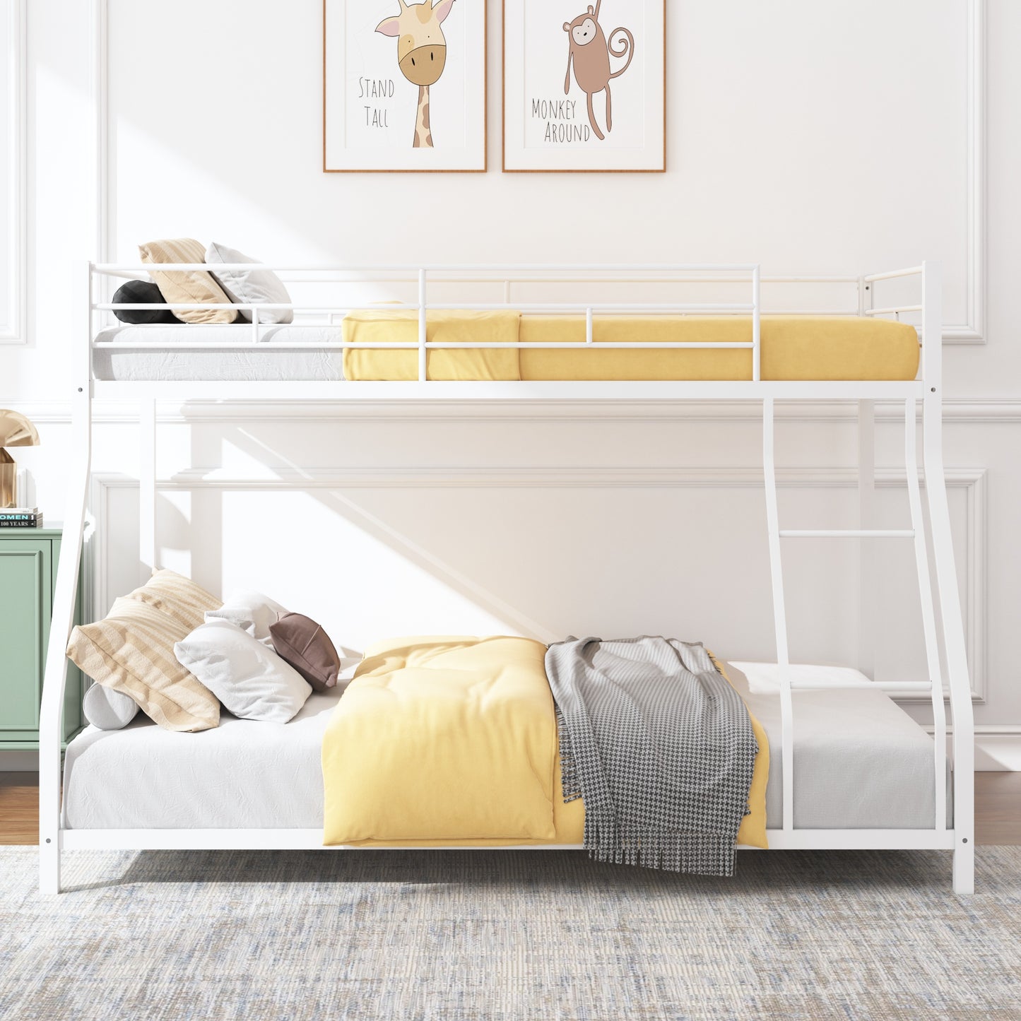 Metal Twin Over Full Bunk Bed, Heavy-duty Metal Bunk Beds For Kids Twin Over Full Size, Low Profile Metal Bunk Bed with Ladder and Full-Length Guardrail, Modern Kids Room Furniture, Black