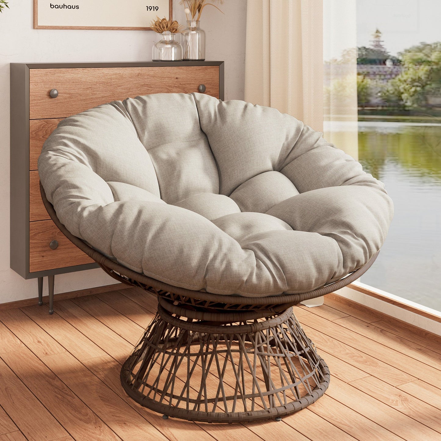 UHOMEPRO 41.5" Rattan Papasan Chair with Handwoven Wicker, Modern Ergonomic Lounge Chair with Cloud Thick Density Fabric Cushion, Comfy Single Swivel Chair for Living Room Bedroom Garden, Gray
