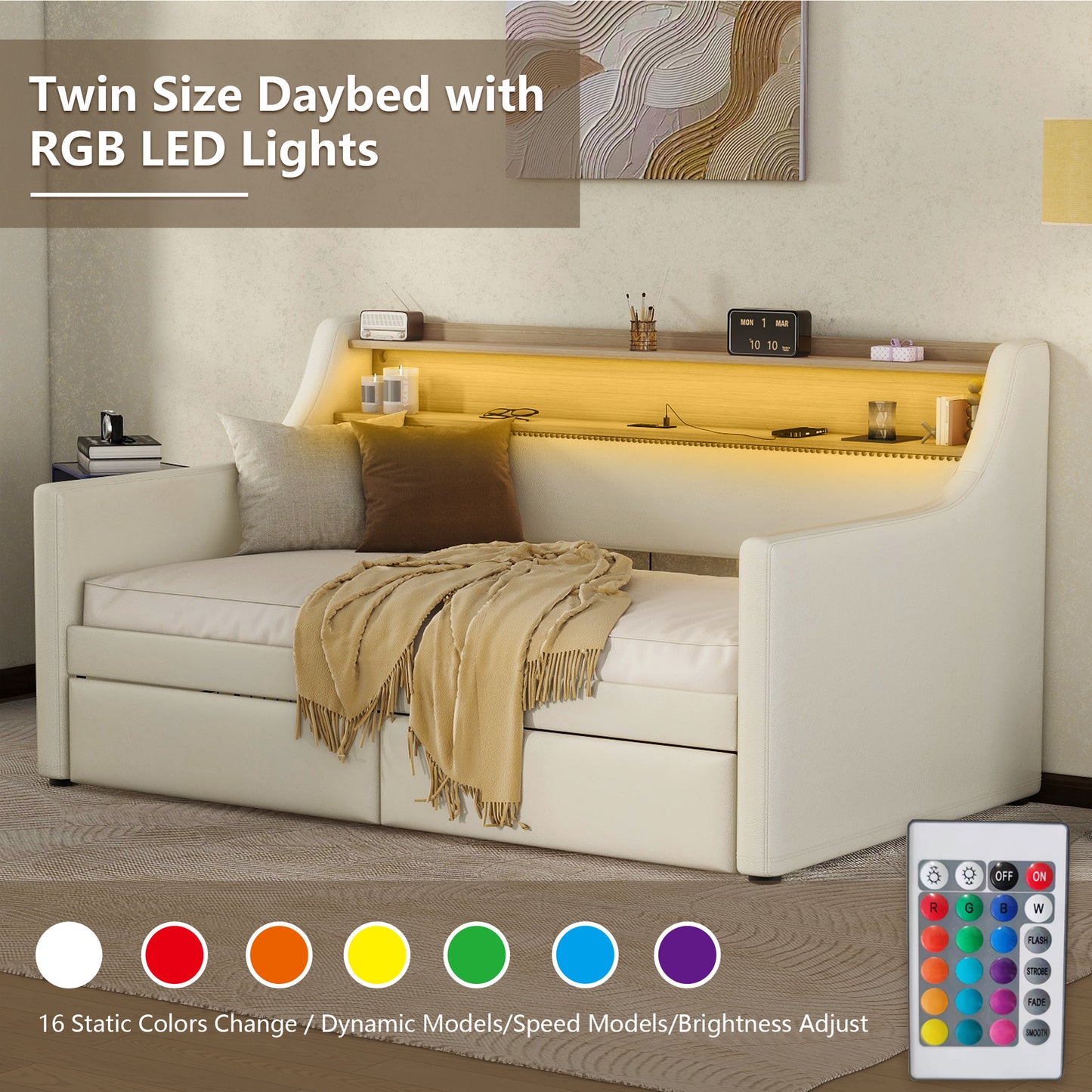 UHOMEPRO Twin Size Daybed with Storage, Upholstered Linen Fabric Daybed with Charging Station and LED Lights