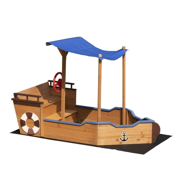 COCLUB Pirate Ship Sandbox, Kids Wooden Sandbox with Cover and Rudder, Boys and Girl Outdoor Toy with Storage Bench and Seat, Gift for Ages 3-8