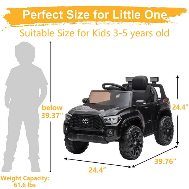 Toyota Tacoma Ride on Cars for Boys, 12V Powered Kids Ride on Cars Toy with Remote Control, Black Electric Vehicles Ride on Truck with Headlights/Music Player for 3 to 5 Years Old Boy Girls GTIN:08043618885258