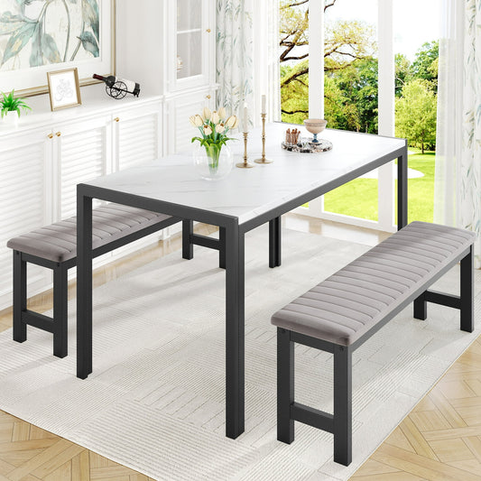 UHOMEPRO Dining Room Table Set, 3-Piece Marble Top Breakfast Nook Dining Table Set with 2 Upholstered Benches, Kitchen Table Set with Metal Frame, White and Gray