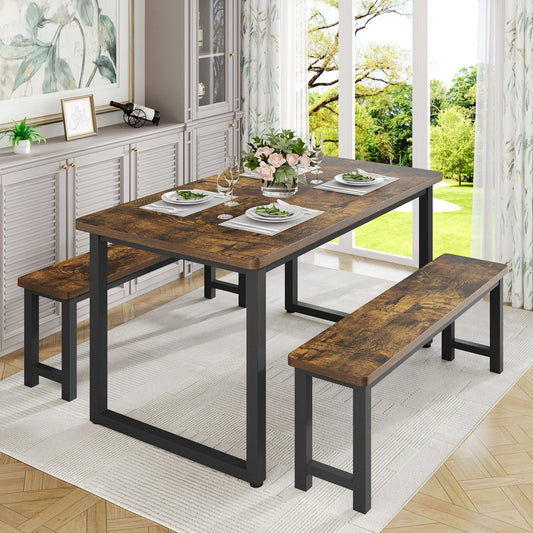 UHOMEPRO Kitchen Table Set with 2 Benches, 3 Piece Dining Room Sets, Modern Faux Wood Look Table Set with MDF Material and Metal Frame, Dining Table Set for Home, Brown