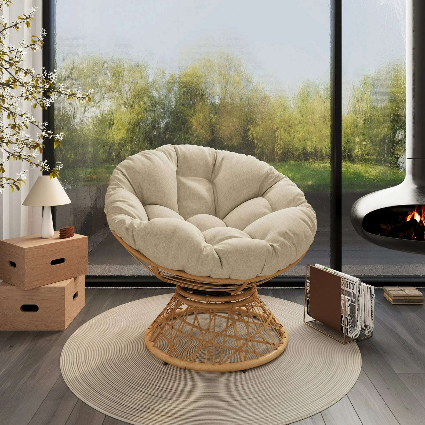 UHOMEPRO 41.5" Rattan Papasan Chair with Handwoven Wicker, Modern Ergonomic Lounge Chair with Cloud Thick Density Fabric Cushion, Comfy Single Swivel Chair for Living Room Bedroom Garden, Gray