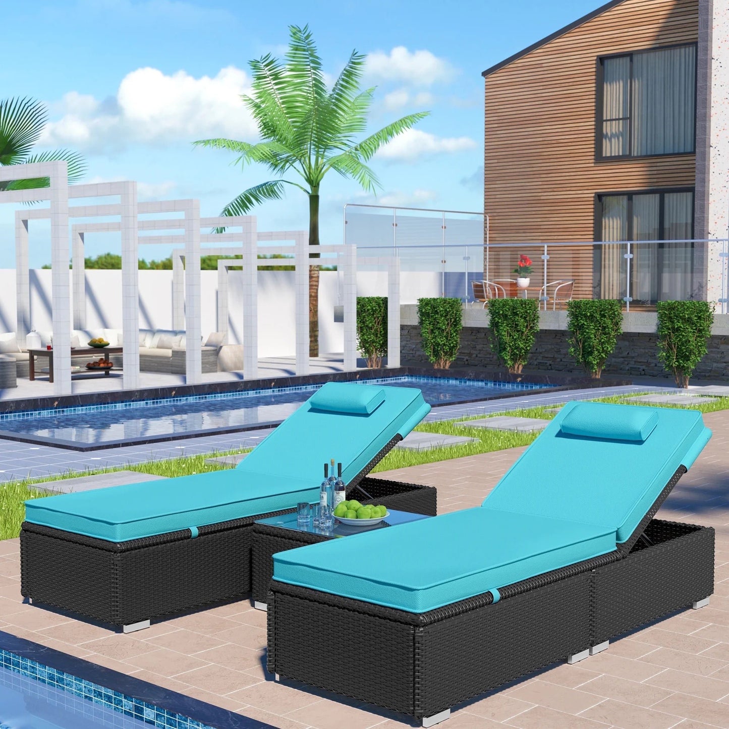 3PCS Outdoor Chaise Lounge, Patio Wicker Chaise Lounge with Glass Coffee Table, PE Rattan Lounge Chair with Adjustable Back and Feet, Cushioned Chaise Lounge Patio Furniture Set for Poolside, Beige